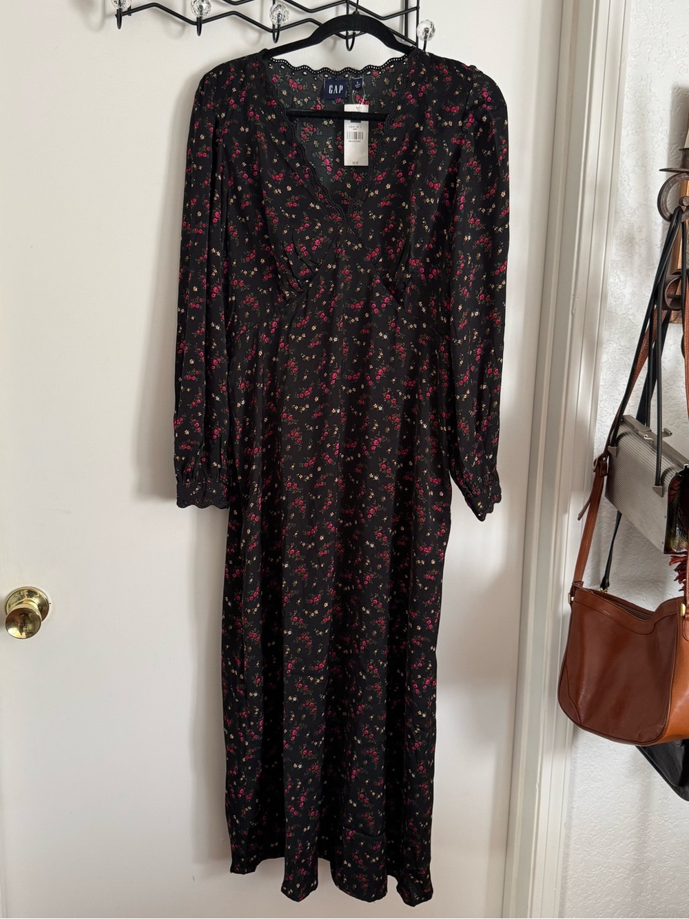 Gap Satin Empire Black Floral Midi Dress with long sleeves and lace trim